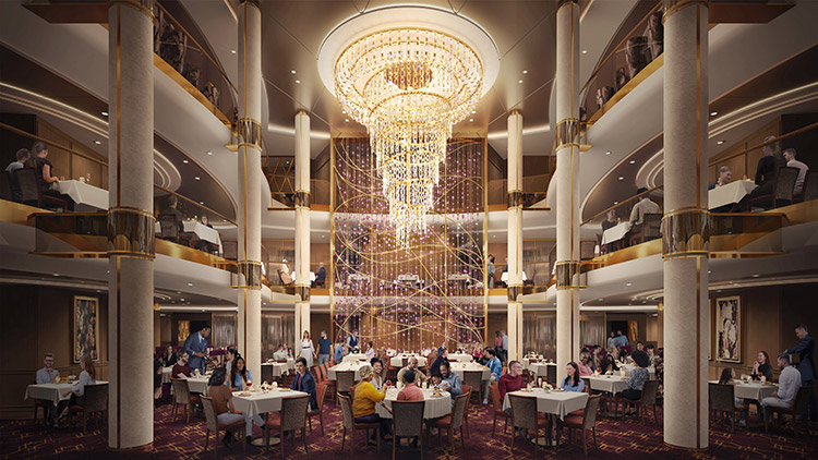 Zirka 7.600 Gäste plus 2.350 Crewmitglieder müssen an Bord der „Icon of the Seas“ mehrmals täglich verpflegt werden. Allein in den drei Hauptrestaurants an Bord gibt es 2.500 Sitzplätze, die zwei- bis dreimal pro Abend belegt sind. Entsprechend viele Gedecke werden täglich gespült. Foto: Royal Caribbean International