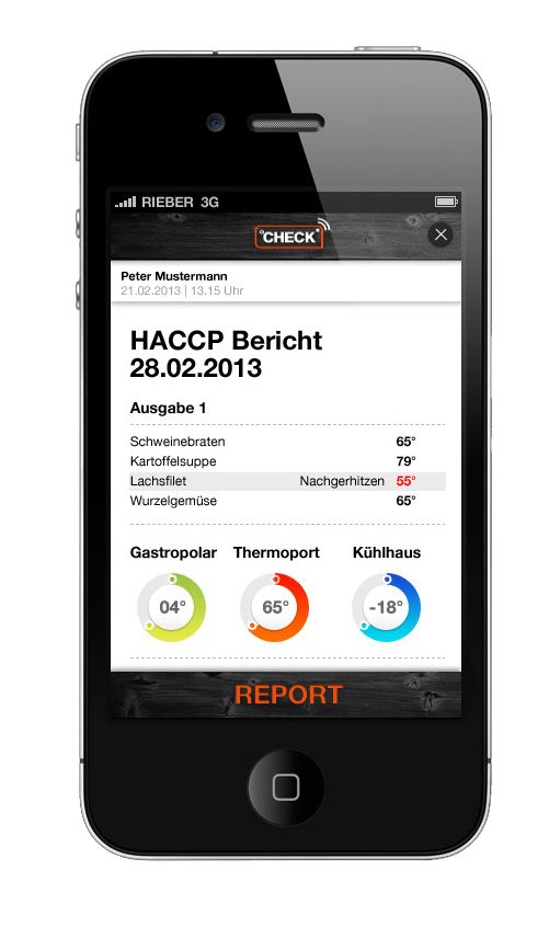 Das System Check macht es dem Küchenchef möglich, sich die Temperaturen von Schweinebraten, Lachsfilet, Thermoport oder Kühlhaus einfach auf seinem Smartphone anzeigen zu lassen. Foto: Rieber