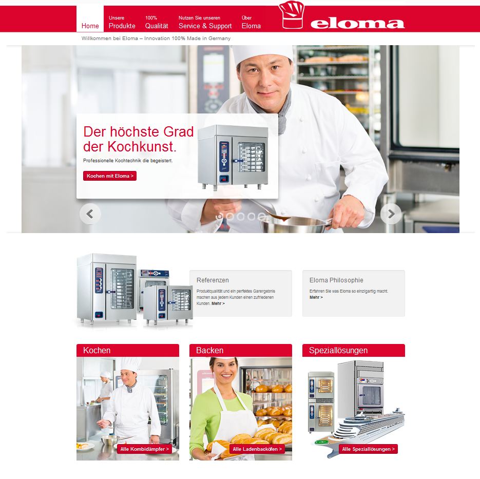 „Das neue Online-Portal gibt Händlern, Planern und Anwendern einen optimalen Einblick in die Vielfalt der Eloma Welt des Kochens und Backens. Und die Handhabung ist dabei spielend einfach“, erklärt Alexandra Weber, Marketing-Managerin von Eloma. Screenshot: Eloma